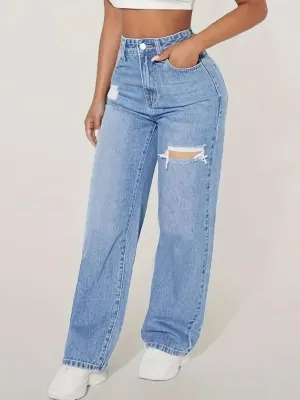 Women's High-Waisted Ripped Wide-Leg Jeans — view 2