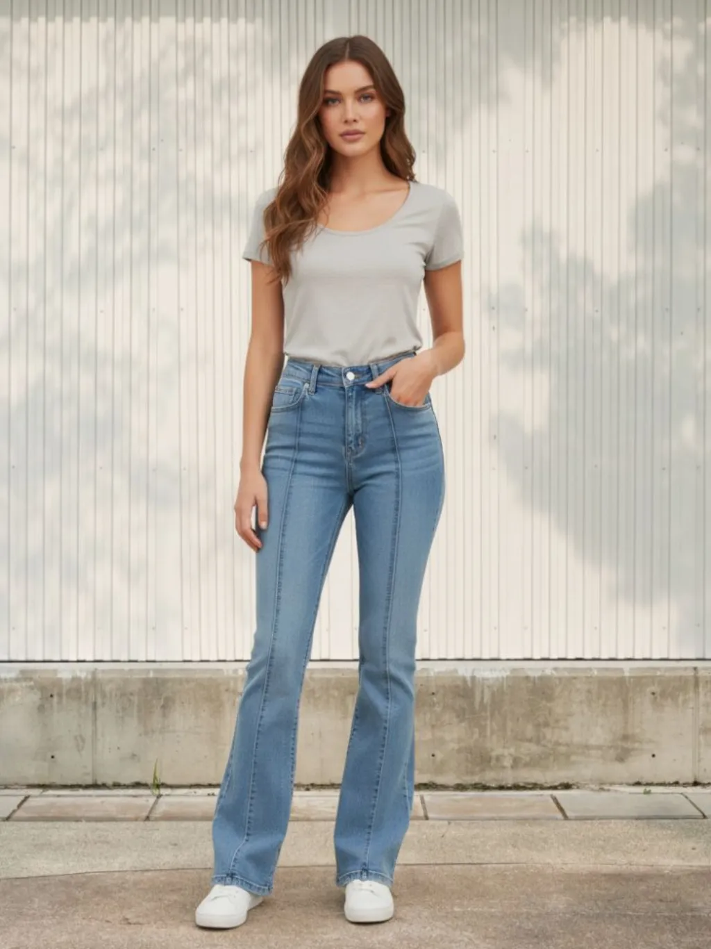Women's High-Waisted Stretch Bootcut Jeans with Visible Stitching