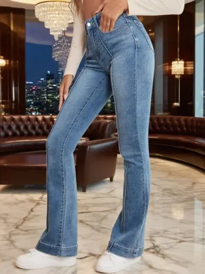 Women's High-Waisted Stretch Bootcut Jeans with Visible Stitching — view 2