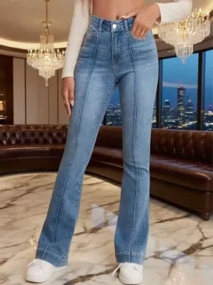 Women's High-Waisted Stretch Bootcut Jeans with Visible Stitching — view 3