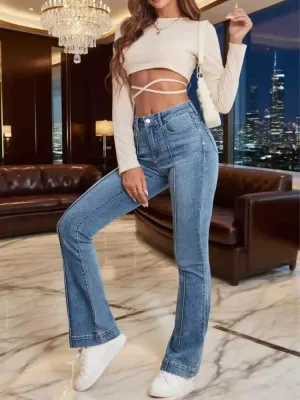 Women's High-Waisted Stretch Bootcut Jeans with Visible Stitching — view 5