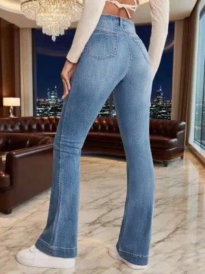 Women's High-Waisted Stretch Bootcut Jeans with Visible Stitching — view 6