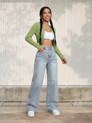 Women's High-Waisted Wide-Leg Light Grey Jeans — view 1