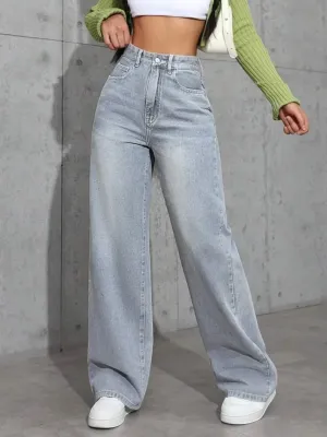 Women's High-Waisted Wide-Leg Light Grey Jeans — view 5
