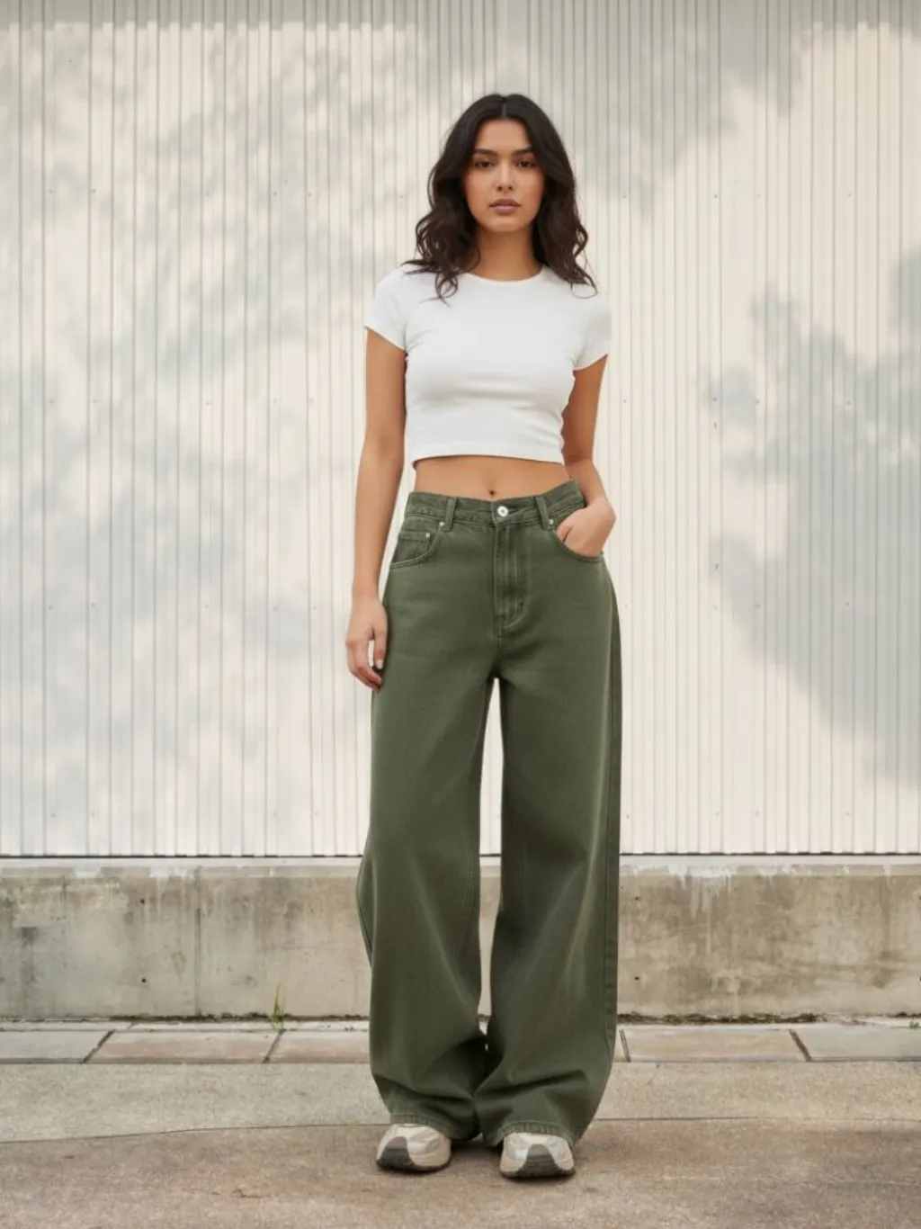 Women's Khaki Green Baggy Jeans