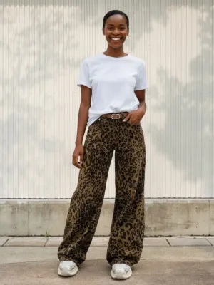 Women's Khaki Wide-Leg Jeans, Leopard Print — view 1