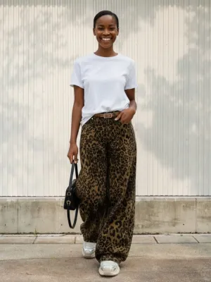 Women's Khaki Wide-Leg Jeans, Leopard Print — view 2