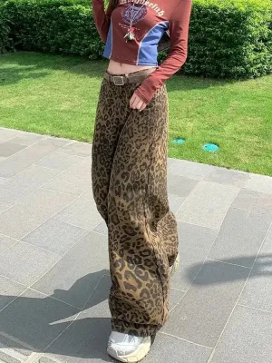 Women's Khaki Wide-Leg Jeans, Leopard Print — view 3