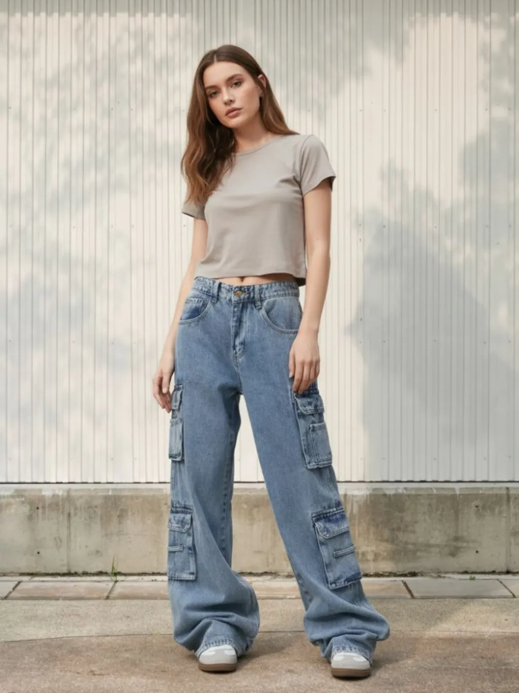 Women's Light Blue Baggy Cargo Jeans, Multi Pocket