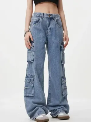 Women's Light Blue Baggy Cargo Jeans, Multi Pocket — view 2
