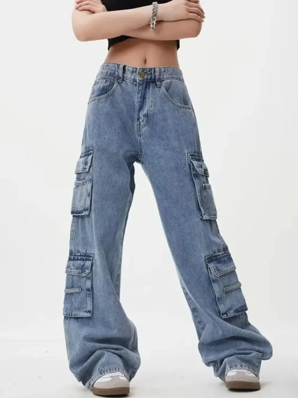 Women's Light Blue Baggy Cargo Jeans, Multi Pocket — quality denim, made to last