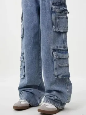 Women's Light Blue Baggy Cargo Jeans, Multi Pocket — view 4