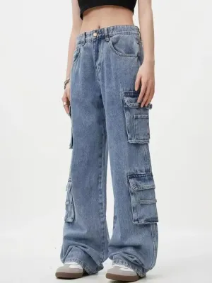 Women's Light Blue Baggy Cargo Jeans, Multi Pocket — view 5