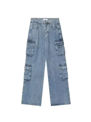 Women's Light Blue Baggy Cargo Jeans, Multi Pocket — view 6