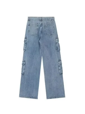 Women's Light Blue Baggy Cargo Jeans, Multi Pocket — view 7