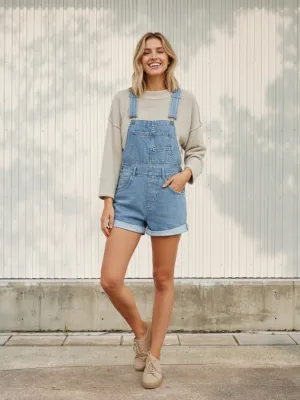Women's Light Blue Denim Dungaree Shorts — view 1
