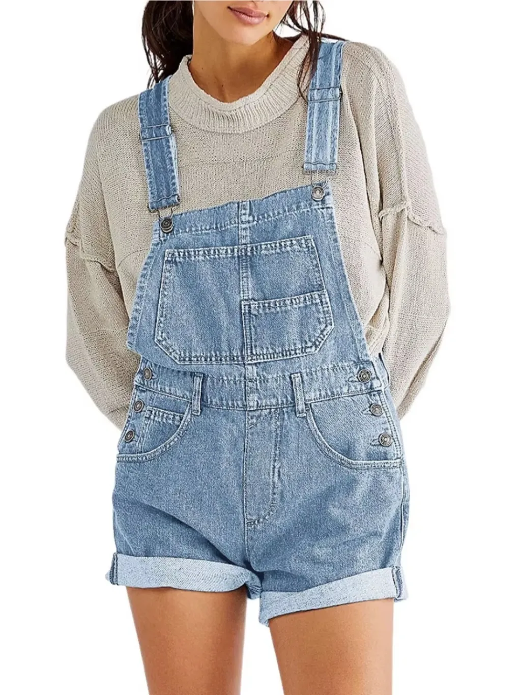 Women's Light Blue Denim Dungaree Shorts — quality denim, made to last