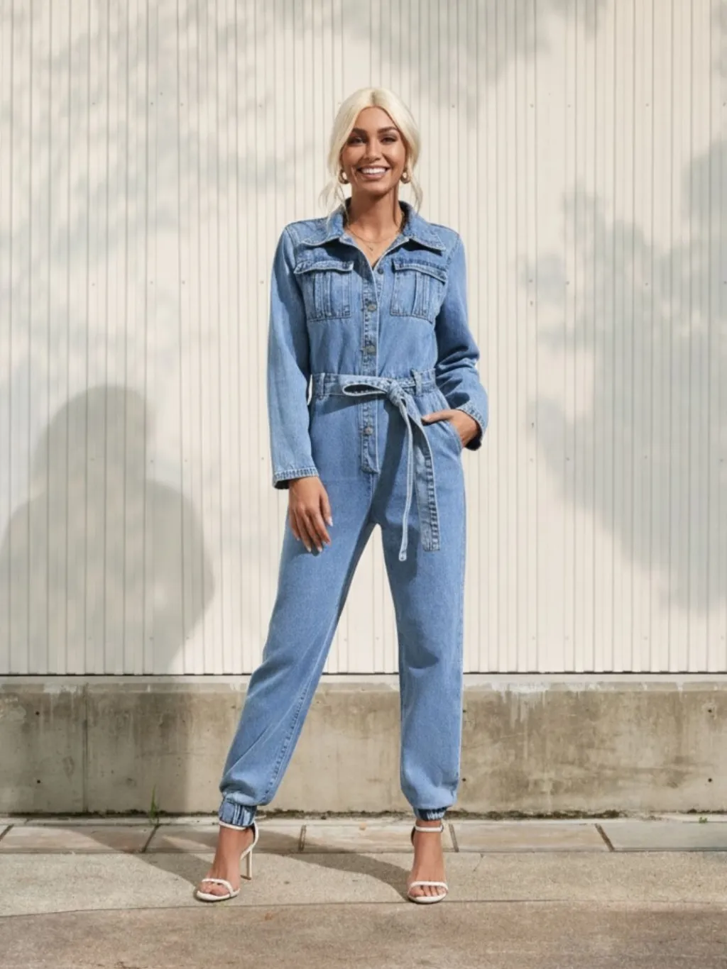 Women's Light Blue Denim Jumpsuit, Long Sleeves, Cuffed Ankles