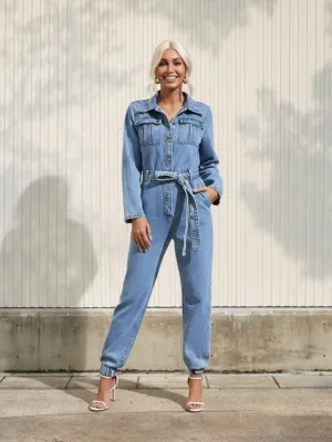 Women's Light Blue Denim Jumpsuit, Long Sleeves, Cuffed Ankles — view 1