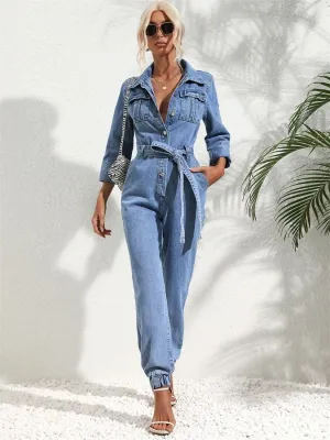 Women's Light Blue Denim Jumpsuit, Long Sleeves, Cuffed Ankles — view 2