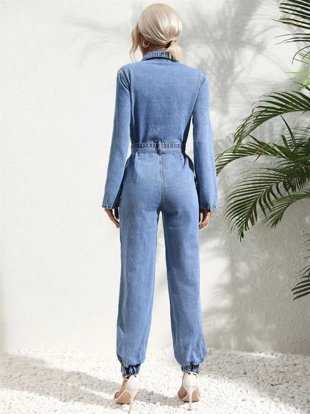 Women's Light Blue Denim Jumpsuit, Long Sleeves, Cuffed Ankles — quality denim, made to last