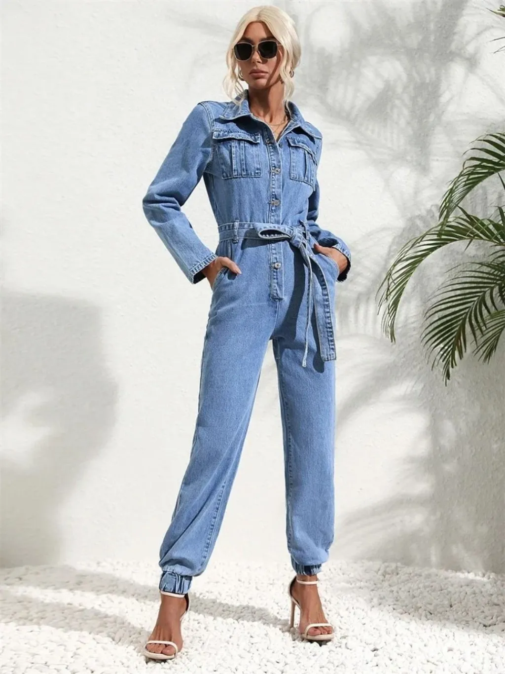 Women's Light Blue Denim Jumpsuit, Long Sleeves, Cuffed Ankles — endless ways to style it
