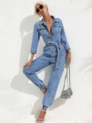Women's Light Blue Denim Jumpsuit, Long Sleeves, Cuffed Ankles — view 5