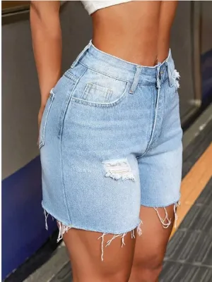 Women's Light Blue Distressed Denim Shorts — view 4