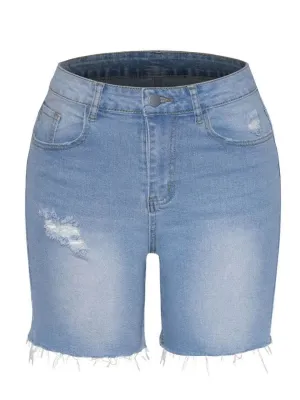 Women's Light Blue Distressed Denim Shorts — view 6
