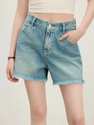 Women's Light Blue Frayed Hem Denim Shorts — view 2