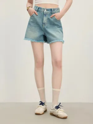 Women's Light Blue Frayed Hem Denim Shorts — view 4