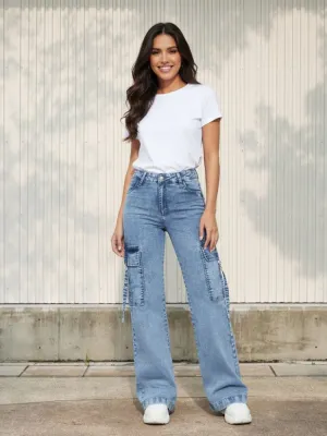Women's Light Blue High-Waisted Cargo Jeans — view 1
