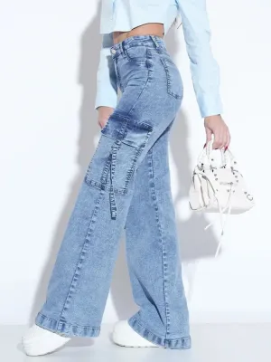 Women's Light Blue High-Waisted Cargo Jeans — view 2