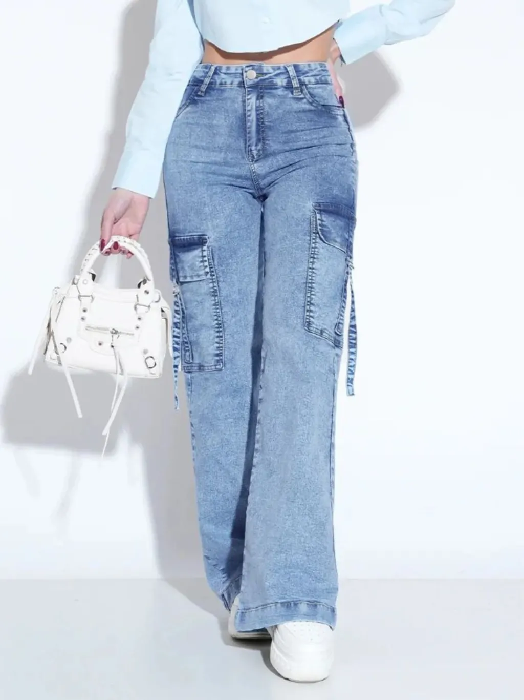 Women's Light Blue High-Waisted Cargo Jeans — quality denim, made to last