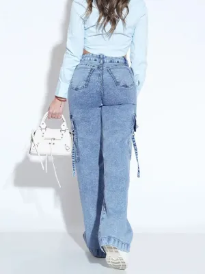 Women's Light Blue High-Waisted Cargo Jeans — view 4