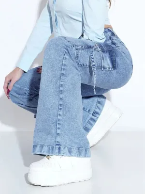 Women's Light Blue High-Waisted Cargo Jeans — view 5