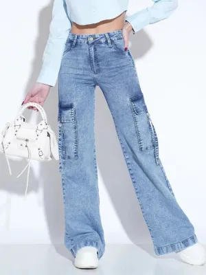 Women's Light Blue High-Waisted Cargo Jeans — view 6