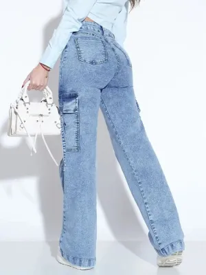 Women's Light Blue High-Waisted Cargo Jeans — view 7
