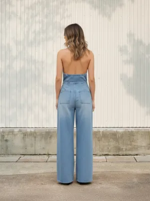 Women's Light Blue Open-Back Denim Jumpsuit — view 2