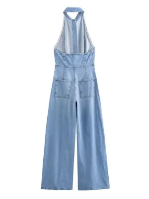 Women's Light Blue Open-Back Denim Jumpsuit — view 4