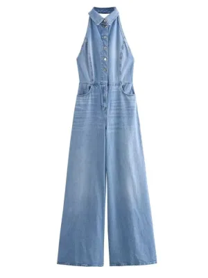Women's Light Blue Open-Back Denim Jumpsuit — view 5