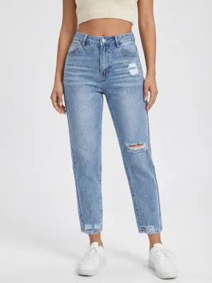 Women's Light Blue Ripped Straight 7/8 Jeans — view 3
