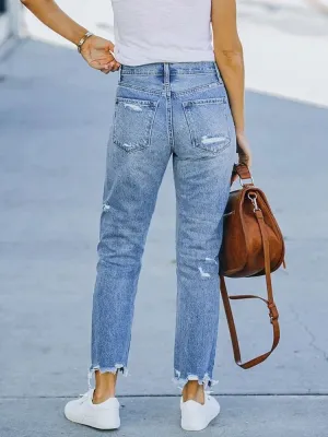 Women's Light Blue Ripped Straight-Leg Jeans — view 4