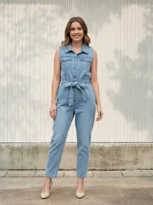 Women's Light Blue Sleeveless Denim Jumpsuit with Belt — view 1