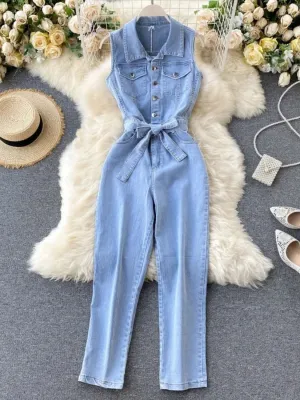 Women's Light Blue Sleeveless Denim Jumpsuit with Belt — view 2