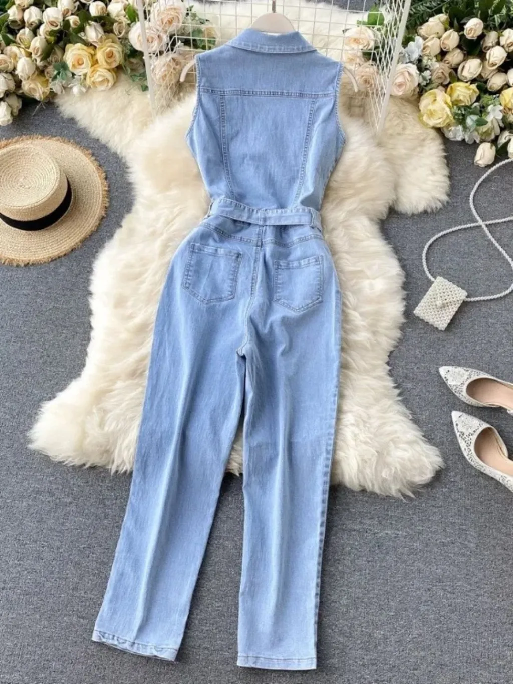 Women's Light Blue Sleeveless Denim Jumpsuit with Belt — quality denim, made to last