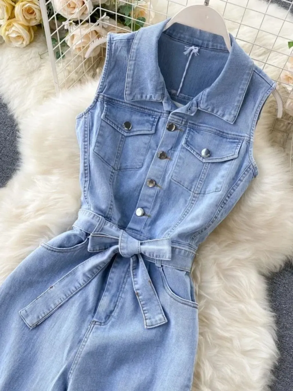 Women's Light Blue Sleeveless Denim Jumpsuit with Belt — endless ways to style it
