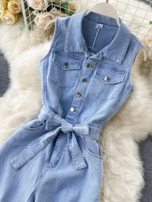 Women's Light Blue Sleeveless Denim Jumpsuit with Belt — view 4