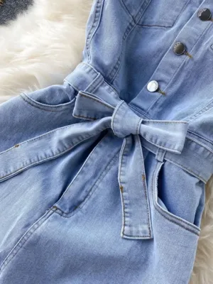 Women's Light Blue Sleeveless Denim Jumpsuit with Belt — view 5