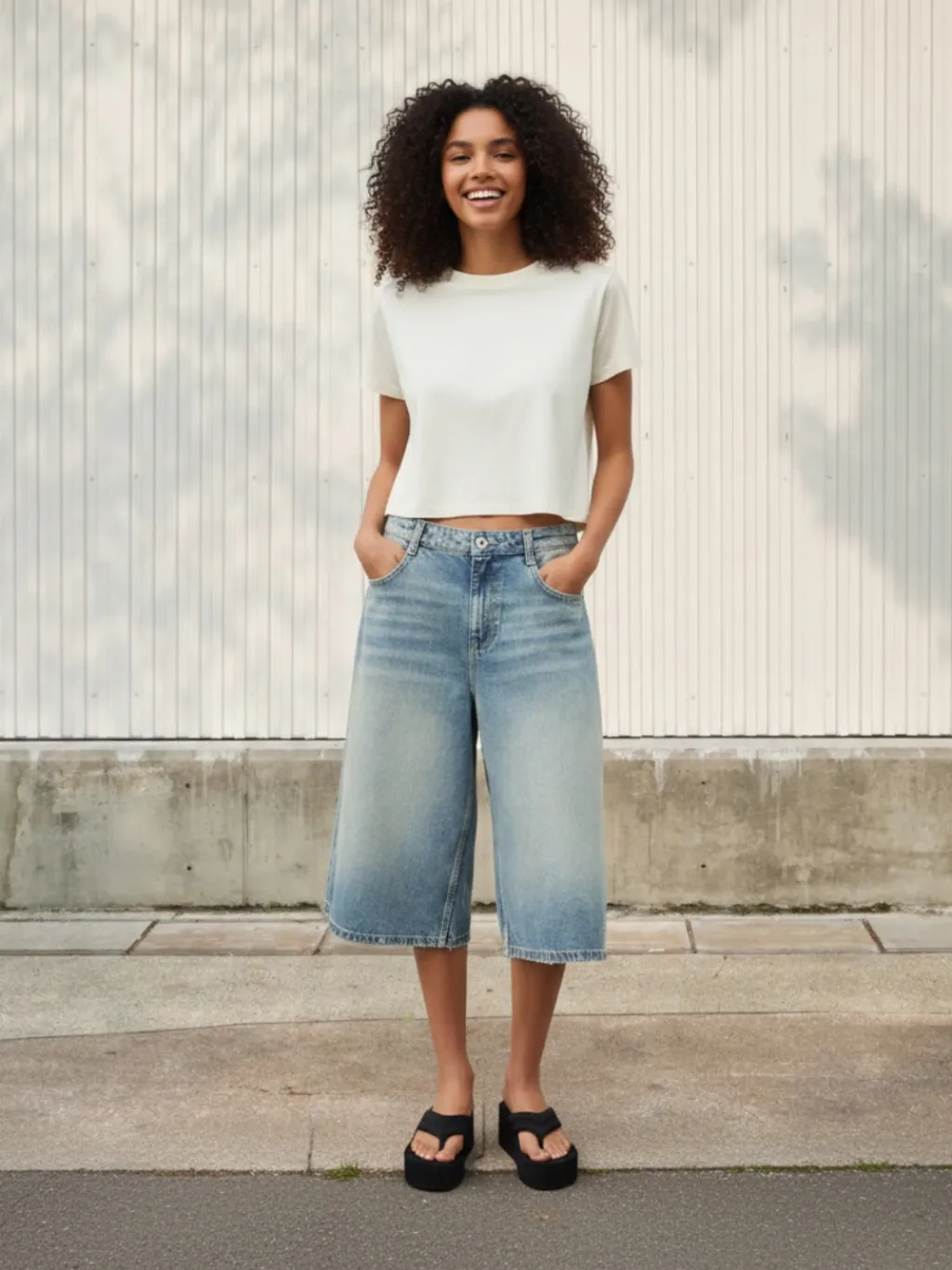 Women's Light Blue Washed Loose Cropped Jeans